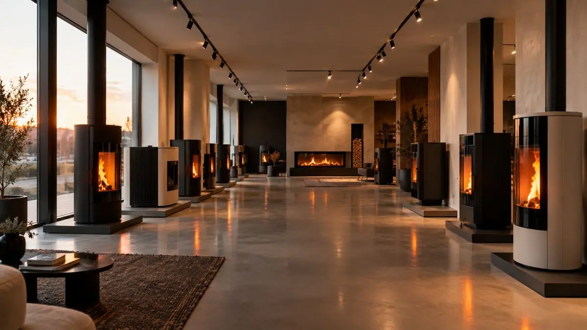 Showroom de Servon, poêles allumés alignés sur un sol béton, grandes baies vitrées